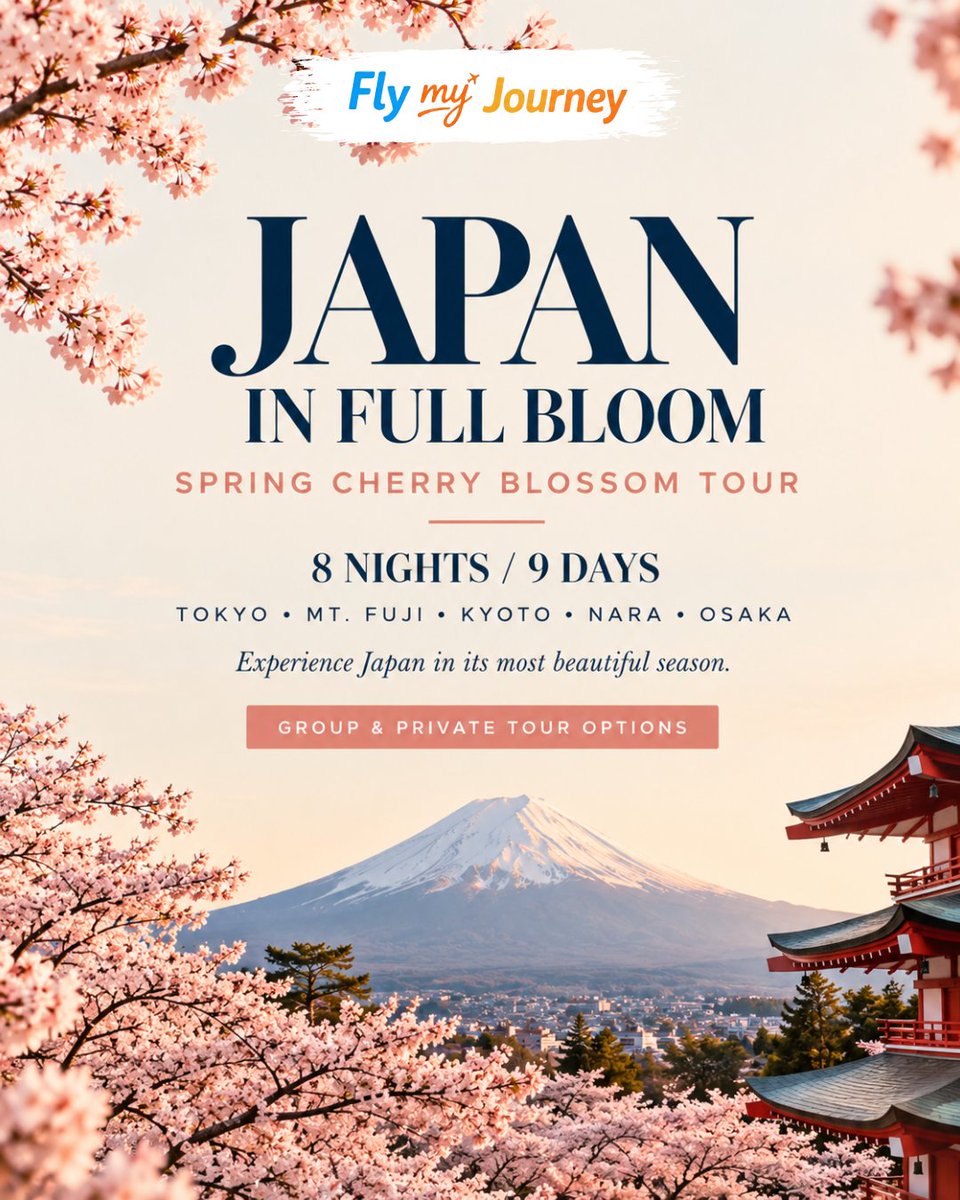FlyMyJourney's tweet photo. 🌸 **Japan in Full Bloom! 🇯🇵**

Cherry blossom season, breathtaking views of Mt. Fuji, beautiful Kyoto streets and unforgettable experiences — Japan is calling! 🌸✨

Explore Japan on an unforgettable **8 Nights / 9 Days** journey covering Tokyo, Mt. Fuji, Kyoto, Nara &amp; Osaka. https://t.co/ft2tqW9rPa