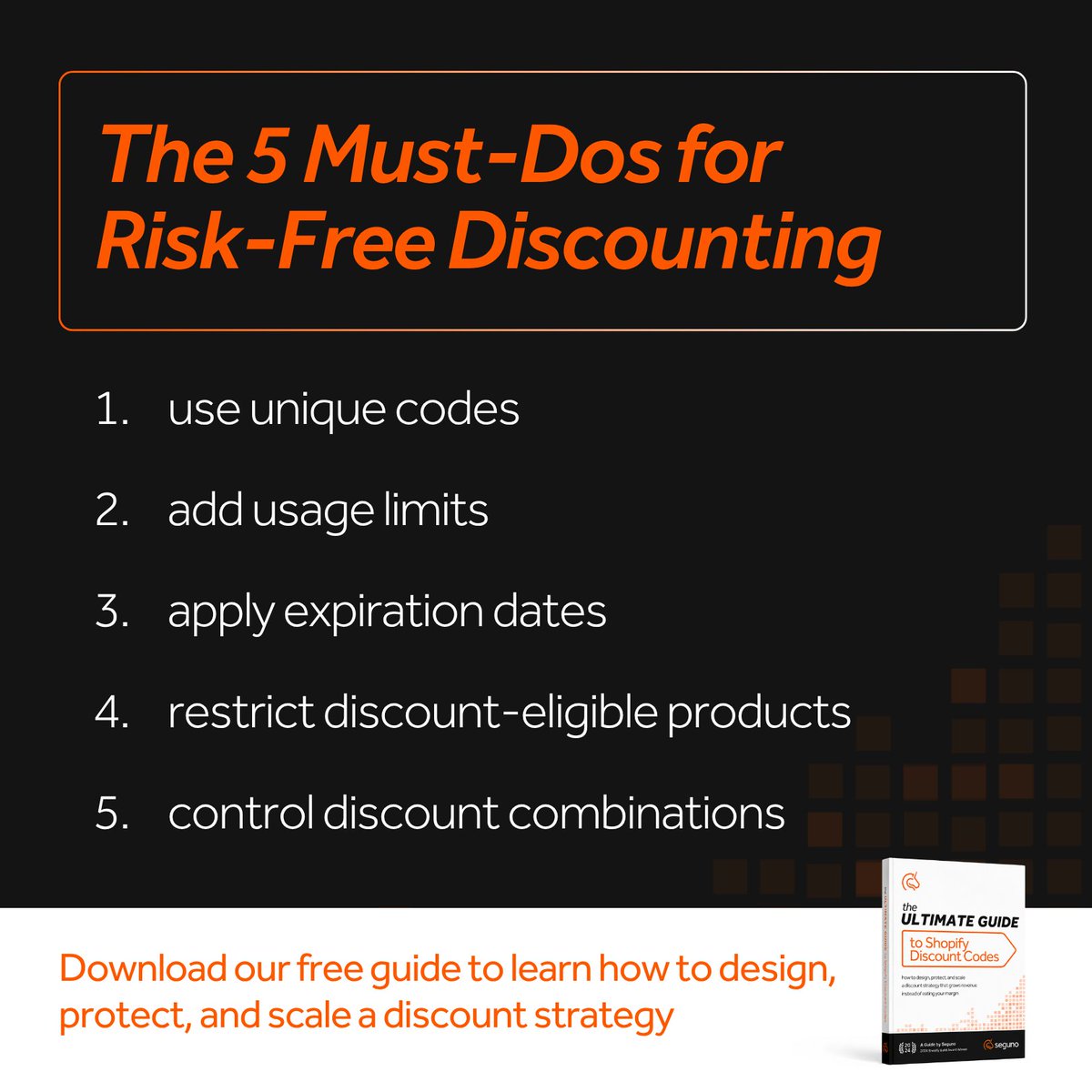 SegunoSoftware's tweet photo. Five safeguards every discount code needs:

1️⃣ A unique code, not generic

2️⃣ Usage limits

3️⃣ Expiration dates

4️⃣ Product restrictions

5️⃣ Restricted stacking

Grab the full guide for how to put these into practice: https://t.co/BPRxDf04BJ https://t.co/ueYJ18PwOZ