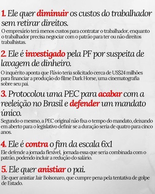 lingormbrasil's tweet photo. 5 motivos para NÃO votar em Flávio Bolsonaro no segundo turno!

#Eleições2026 #EleNão https://t.co/mFp0zy4LOL
