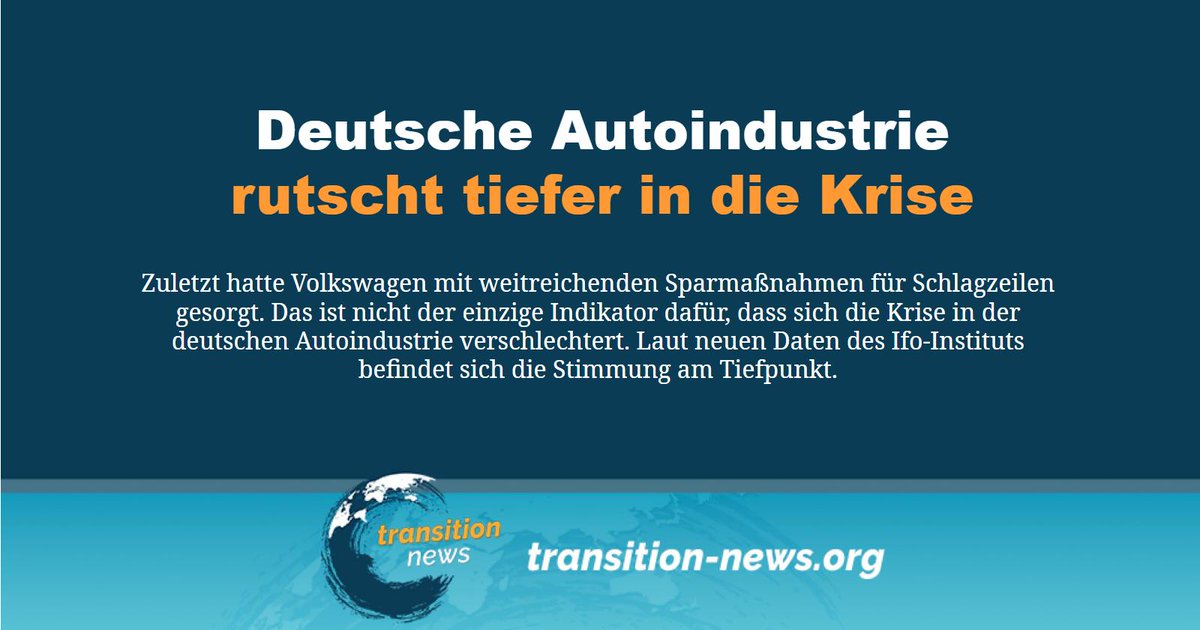 C_Transition2's tweet photo. Die #Krise in der deutschen #Autoindustrie verschärft sich. Laut #Geschäftsklimaindex des Münchner Ifo-Instituts hat sich die Stimmung in der Branche deutlich verschlechtert. 

Weiterlesen ... (https://t.co/VprJIgBzn3)

#transitionnews #Deutschland #Autoindustrie #Krise https://t.co/Rpjt8nf05S