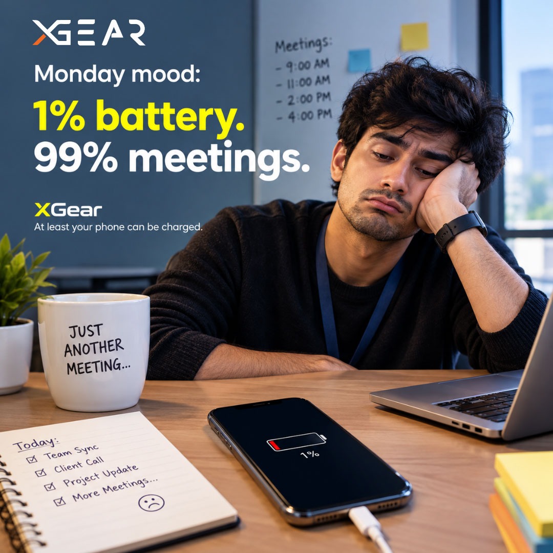 XGearOfficial's tweet photo. 🔋 1% battery. 99% meetings. 😩

Because apparently, your phone chooses Monday to give up. 😂

Keep your devices powered and your workday moving with XGear. ⚡🔌

#XGear #MondayMood #TechLife #StayPowered #PowerBank https://t.co/HqQofydMqQ