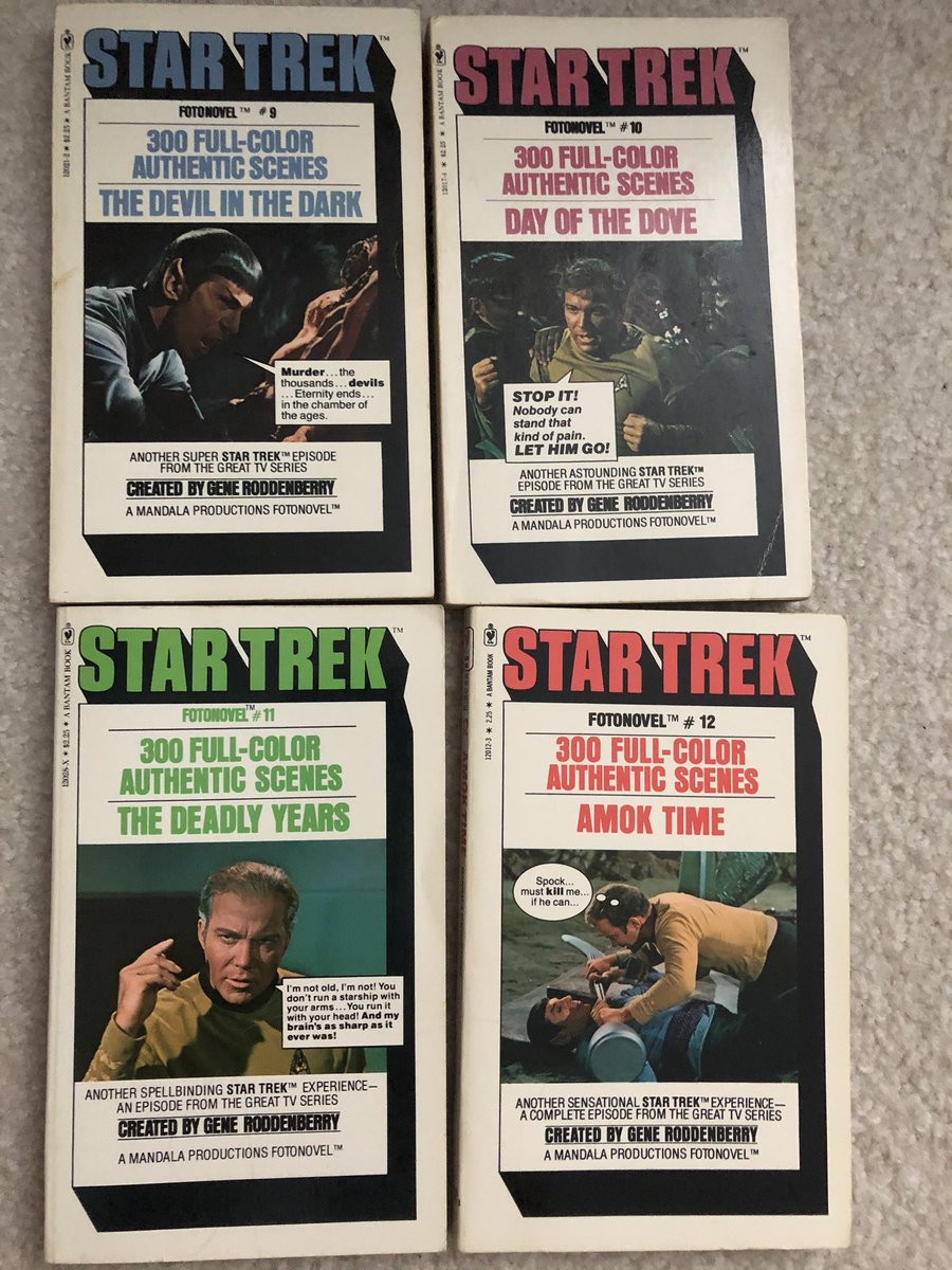 CanaDaBear1701's tweet photo. Long before streaming services, or 4K or Blu-Ray or even DVD, long before laser disc.....even before VHS &amp; Betamax 😲...you couldn't just watch a Star Trek episode any old time you wanted to. Different times. But what you could do is read a Fotonovel. My complete set.
#StarTrek60 https://t.co/VKzbeY3x5d