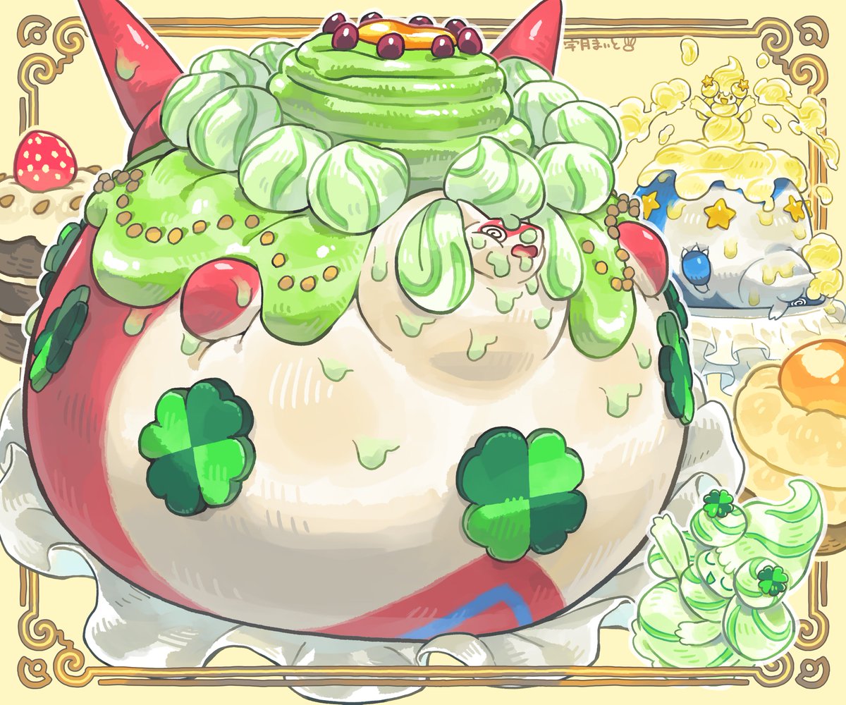 kzpapilio's tweet photo. 【skebお裾分け（膨張シチュ）】
https://t.co/QUMGT1e9xd
ラティ’sのマホクリーム大福化シチュを宇月まいとさん（@zenimakitchen）に描いて頂きました！
たっぷりのクリームで美味しいスイーツとしてデコられちゃったラティアスとラティオス……とってもかわいいで��！ありがとうございました！ https://t.co/vWI5fENGoh