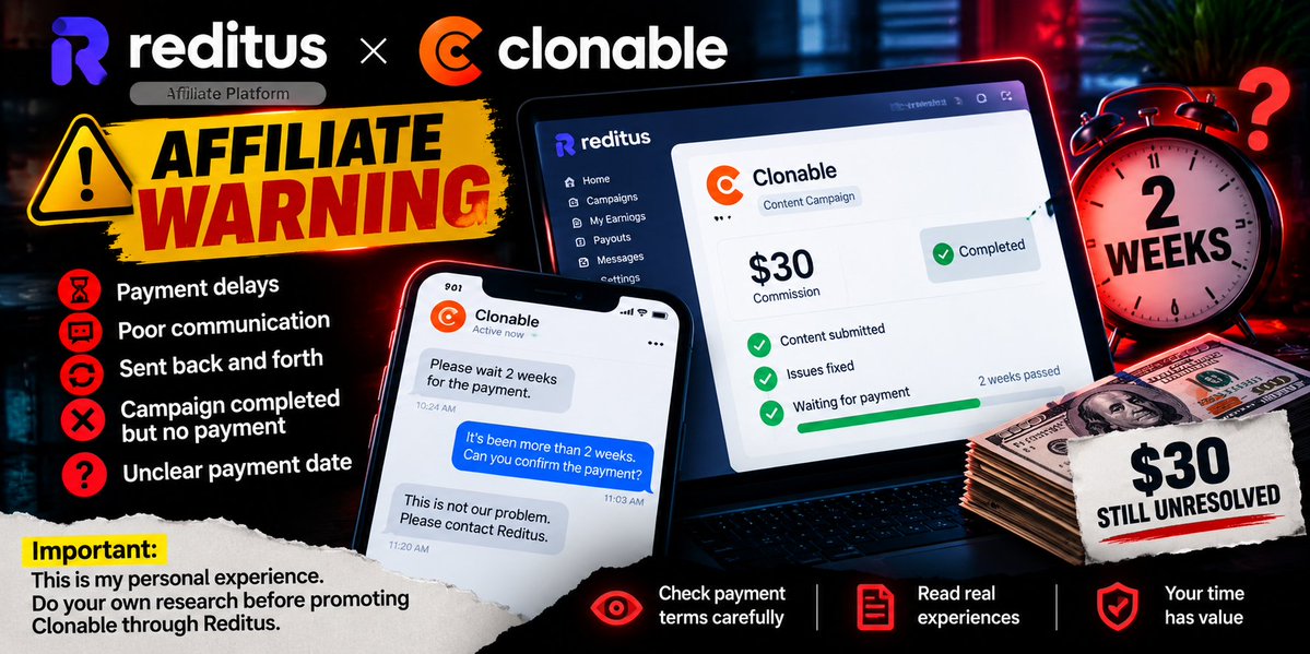 szull0's tweet photo. ⚠️ Clonable affiliate warning on Reditus.

Completed a $30 campaign, fixed all requested issues, and was told to wait 2 weeks for payment.

2 weeks passed. Still no clear payment date.

Do your research before promoting Clonable. @reditus https://t.co/HnRRMnd35k