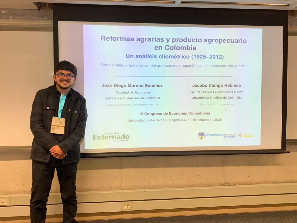 EconomiaUext's tweet photo. 📚 Juan Diego Moreno Sánchez y Jacobo Campo Robledo participaron en el IX Congreso de Economía Colombiana con su investigación sobre reforma agraria.

📊 El estudio analiza los efectos de la adjudicación de baldíos sobre la tierra y el agro en Colombia. 🇨🇴🌱 https://t.co/7f75ZR22II