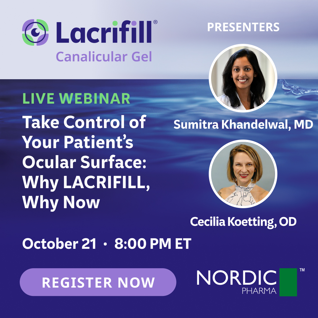revoptom's tweet photo. #ad Live Webinar TONIGHT! Join Sumitra Khandelwal, MD and Cecilia Koetting, OD for a LACRIFILL® Canalicular Gel webinar at 8pm ET.

Register to attend this free educational webinar: https://t.co/ewXqCaVr1R

#LACRIFILL #dryeye #NordicPharmaInc https://t.co/zWV4CL3awZ