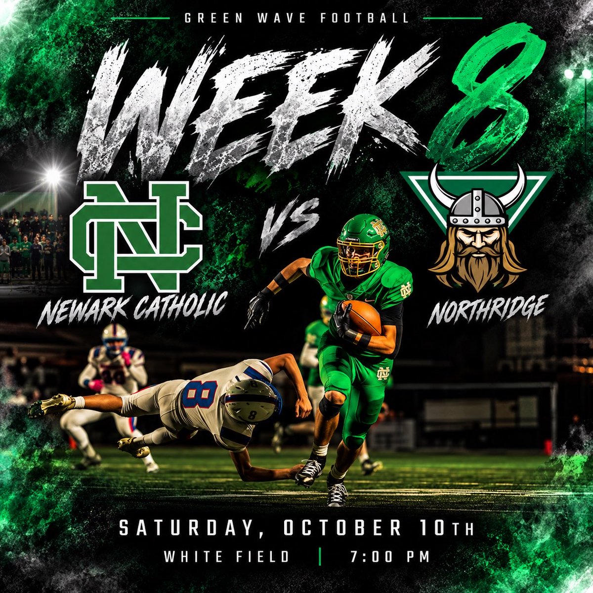 GoGreenFootball's tweet photo. WEEK 8

The Green Wave is back home this SATURDAY night as we welcome Northridge to White Field. 

Green Wave Nation…we know the stands will be filled early due to it being our Homecoming Game! Bring the energy and noise all night long!!

Home field advantage is HUGE!

GO GREEN! https://t.co/mz3sKqpip1