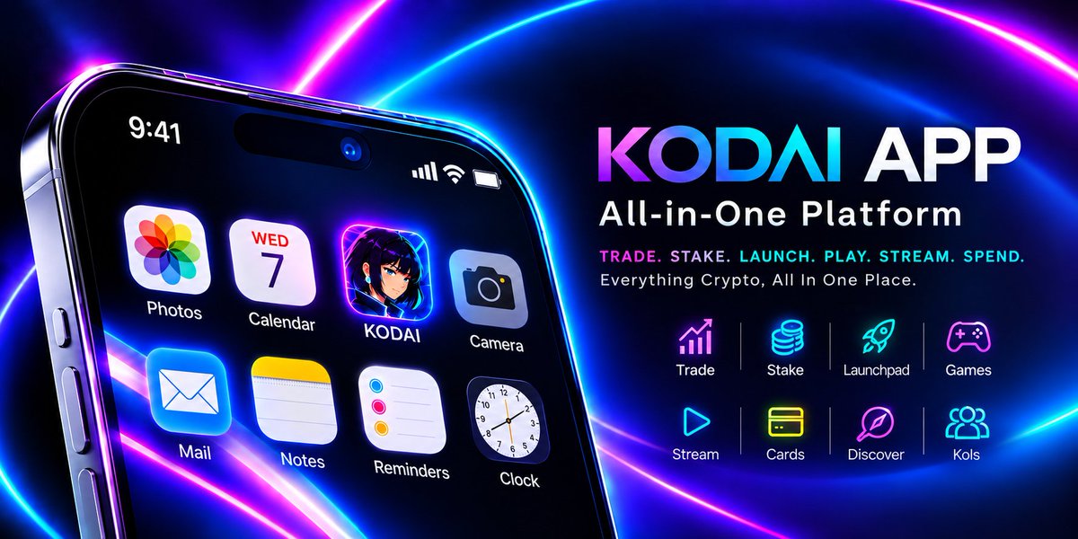 Kodai_xyz's tweet photo. 🚀 THE KODAI APP IS COMING.

One app. Everything crypto.

⚡ Trade
💰 Stake
🚀 Launch
🎮 Play
📡 Stream
💳 Spend
🔎 Discover
👥 KOLs
and more...

No jumping between platforms. No unnecessary complexity.
@Kodai_xyz brings it all together.

The future of crypto is all-in-one. 🌐 https://t.co/ziFEqm3F21