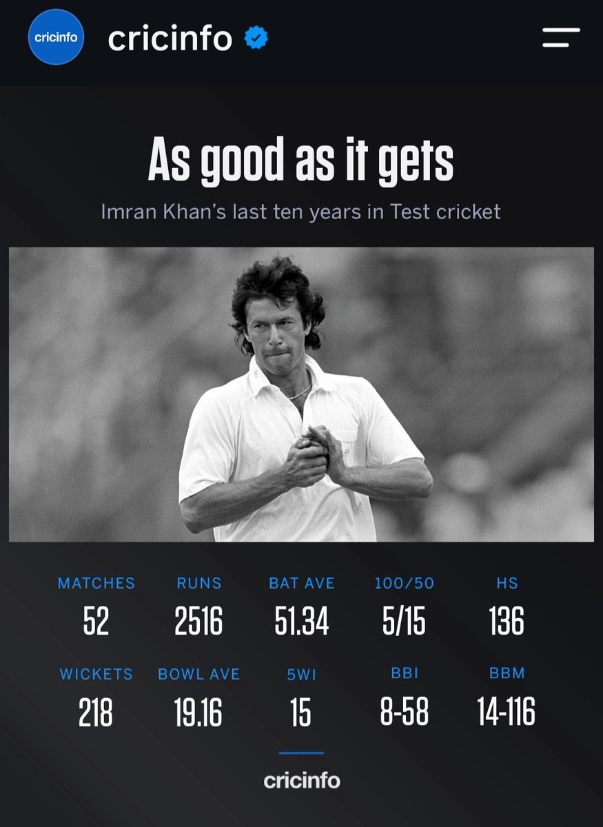 VishnuNDTV's tweet photo. Imran Khan turned 74 today - a symbol of resistance in Pakistan. The only leader who can take on the might of Munir. For me, Imran was among my favourite cricketers - an unstoppable force with the most majestic bowling action. Incredibly fast at his peak.  Look at these stats: https://t.co/MIrr6hud2F