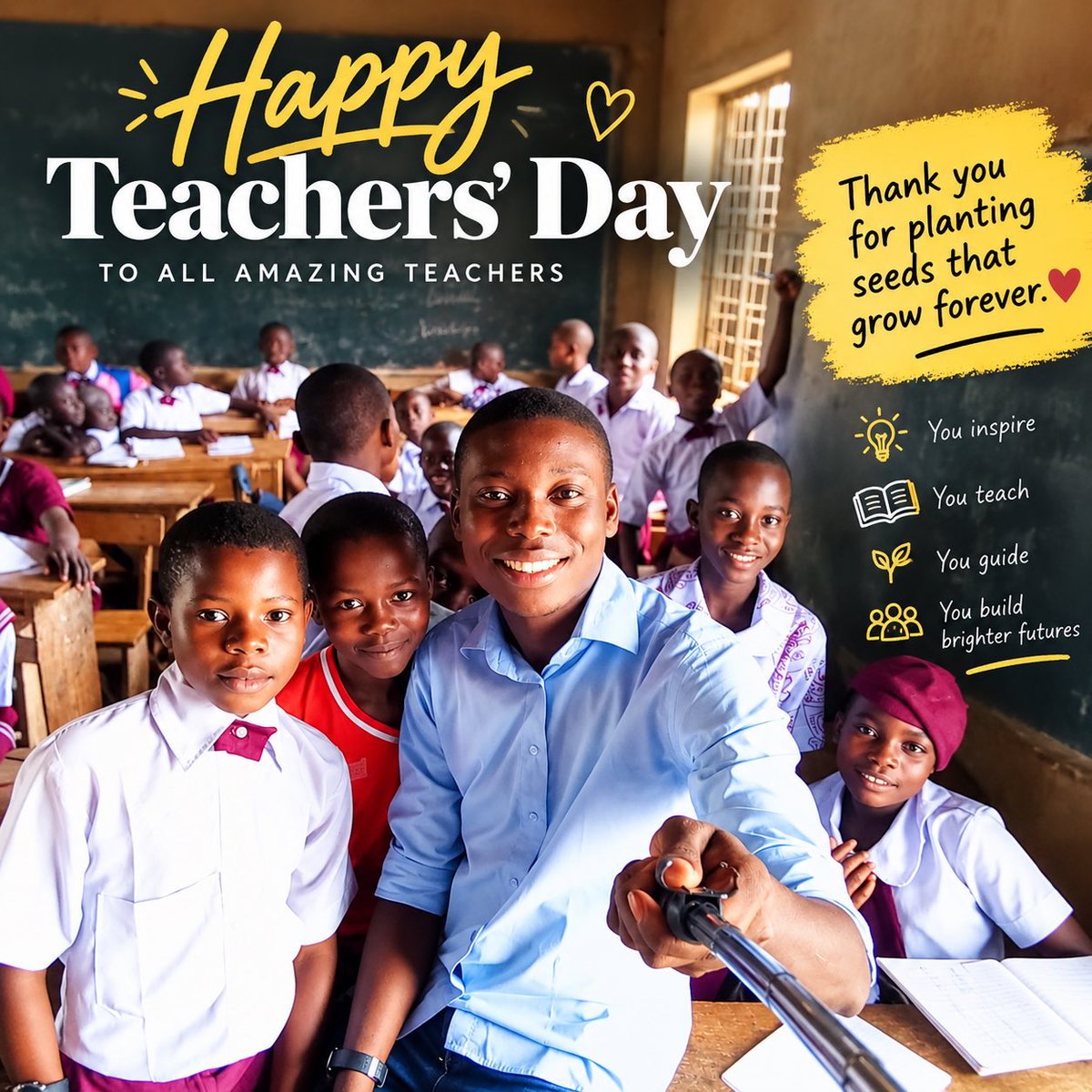 Ifwal95's tweet photo. A few years ago, I had the privilege of standing on the other side of the classroom — as a teacher. ❤️

Today, on World Teachers’ Day, I celebrate every teacher planting seeds of knowledge, shaping dreams, and building futures, often without knowing how far their impact will go.

Happy Teachers’ Day to every teacher who made a difference in my life, and to everyone still doing this noble work. 📚❤️

Once a teacher, always a teacher. 😊