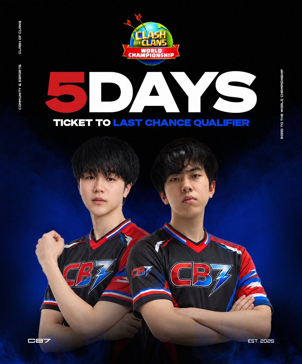 Cb7esports's tweet photo. ⏳ 5 DAYS ⏳

Only 3 of the 8 teams will earn a Golden Ticket to the World Championship 🎟️ 

The Last Chance Qualifier is getting closer 🏆 https://t.co/HTnpuEGBA9