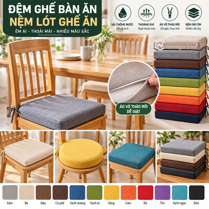 nemngoi's tweet photo. Đệm Ghế Bàn Ăn – Nệm Lót Ghế Ăn
Đệm ghế bàn ăn – nệm lót ghế ăn giúp bổ sung lớp đệm cho mặt ghế trong khu vực ăn uống, phù hợp với nhiều kiểu ghế gỗ, ghế bàn ăn hiện đại, ghế có tựa lưng hoặc ghế mặt vuông, chữ nhật, bo góc. Khi lựa chọn nên ưu tiên đúng kích thước mặt ghế, độ dày, ruột đệm và chất liệu vỏ để bộ đệm cân đối với chiều cao bàn và thuận tiện sử dụng hằng ngày.

Đệm lót ghế ăn chọn theo kích thước mặt ghế
Đo đúng mặt ghế trước khi chọn
Mỗi mẫu ghế ăn có chiều rộng và chiều sâu khác nhau. Trước khi chọn nệm lót ghế ăn, nên đo ngang mặt ghế, chiều sâu từ mép trước tới phần tựa và kiểm tra các góc vuông hoặc bo cong. Đo đúng giúp đệm nằm gọn trên mặt ghế, hạn chế tình trạng dư mép hoặc thiếu diện tích ngồi.

Kích thước đệm ghế bàn ăn
Một số kích thước có thể tham khảo gồm 40×40cm, 45×45cm, 50×50cm, 40×45cm, 40×50cm, 45×50cm và 50×55cm. Tuy nhiên, kích thước thực tế nên căn cứ vào từng mặt ghế. Với ghế có hình dạng đặc biệt, cần chú ý phần bo góc, cạnh sau và vị trí tiếp giáp tựa lưng.

Độ dày bao nhiêu phù hợp?
Với đệm ghế ăn, độ dày khoảng 3–5cm thường dễ phối với chiều cao ghế và bàn ăn. Ghế có mặt ngồi thấp có thể cân nhắc 5–7cm. Không nên chỉ chọn đệm càng dày càng tốt vì chiều cao sau khi đặt đệm cần phù hợp với mặt bàn và tư thế ngồi.

Ruột đệm và độ đàn hồi
Ruột DR40 + FR là lựa chọn phù hợp cho nhiều nhu cầu sử dụng thông thường; có thể cân nhắc DR50 + FR khi cần độ chắc cao hơn. Ngoài ra còn có HR Foam, memory foam, cao su non và các cấu tạo khác. Nên chọn theo tần suất sử dụng, độ dày và cảm giác ngồi mong muốn.

Mẫu đệm ghế bàn ăn – nệm lót ghế ăn
📷📷📷📷📷📷📷📷
Nệm lót ghế ăn nên chọn vỏ gì?
Khu vực bàn ăn thường xuyên sử dụng nên vỏ đệm cần thuận tiện cho việc tháo, vệ sinh và phối với màu ghế. Có thể tham khảo các nhóm cotton, linen, canvas, bố, nhung, nỉ, da PU hoặc simili. Màu trơn thường dễ phối với nhiều bộ bàn ghế; họa tiết có thể tạo điểm nhấn cho không gian ăn uống.
Nên chọn đệm rời hay đệm có dây giữ?
Nếu mặt ghế phẳng và ít trơn, có thể sử dụng đệm ghế rời. Với mặt ghế nhỏ ho��c thường xuyên dịch chuyển, có thể bổ sung giải pháp giữ đệm phù hợp với kết cấu ghế. Quan trọng nhất là kích thước đệm phải tương ứng với mặt ngồi để khi sử dụng không bị dư quá nhiều ra ngoài mép ghế.
Đặt mua đệm ghế bàn ăn cần cung cấp thông tin gì?
Khi cần báo giá, nên chuẩn bị chiều ngang × chiều sâu × độ dày, số lượng ghế, hình ảnh mặt ghế và nhu cầu về màu sắc, chất liệu vỏ. Với ghế bo góc hoặc hình dạng không vuông tiêu chuẩn, hình ảnh và kích thước chi tiết sẽ giúp lựa chọn phương án phù hợp hơn.
Bạn cũng có thể xem Pillar Đệm ghế để tham khảo thêm các dòng đệm lót cho nhiều kiểu ghế, kích thước, độ dày, ruột đệm và vật liệu bọc khác nhau.
Video tham khảo đệm ghế bàn ăn
Đệm Ghế Bàn Ăn – Báo Giá Sỉ & Lẻ

Cần chọn đệm ghế bàn ăn, nệm lót ghế ăn theo kích thước và số lượng? Hãy gửi hình ảnh ghế + chiều ngang + chiều sâu + độ dày mong muốn + số lượng để được tư vấn lựa chọn phù hợp. Có chính sách giá sỉ & lẻ, ưu đãi số lượng và giao hàng toàn quốc.
Nệm Ngồi® – https://t.co/J9qbpCDrul
Hotline: 0944.601.966

https://t.co/sK2ODCCFv4