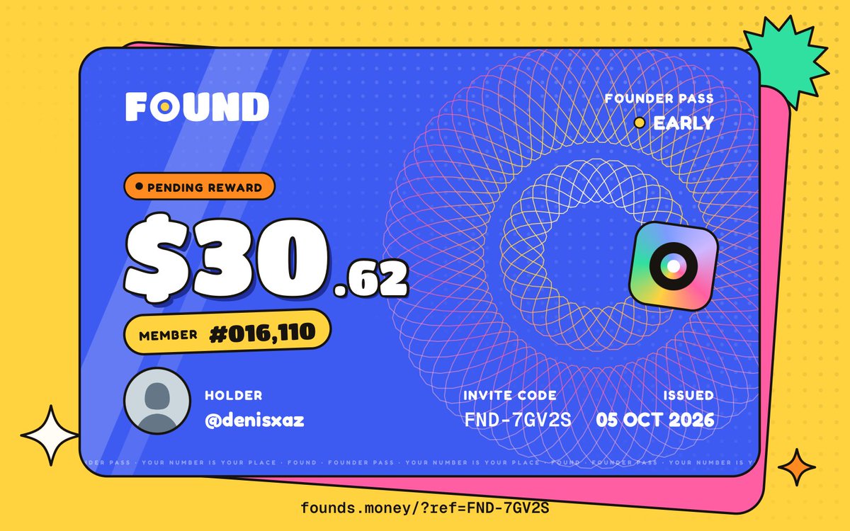 denisxaz's tweet photo. Just joined FOUND and got a $30.62 pending reward.
Member #016,110. Claim opens after launch.

Get yours: https://t.co/JeYuCv7UPa https://t.co/S1P1QCsZXl