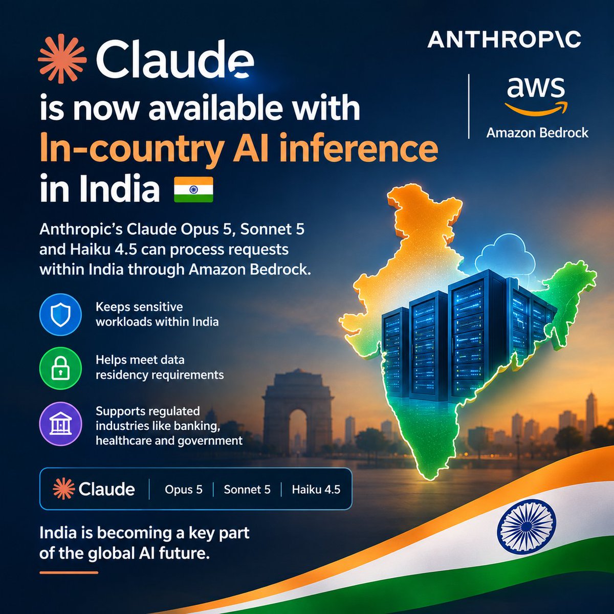 AbhishekBoad's tweet photo. Claude is now processing AI requests inside India 🇮🇳

Anthropic made Claude Opus 5, Sonnet 5 &amp; Haiku 4.5 available through Amazon Bedrock with in-country inference.

That means sensitive AI workloads can stay within India.

Would you trust AI more if your data stayed in India? https://t.co/pCkGLhWbsg
