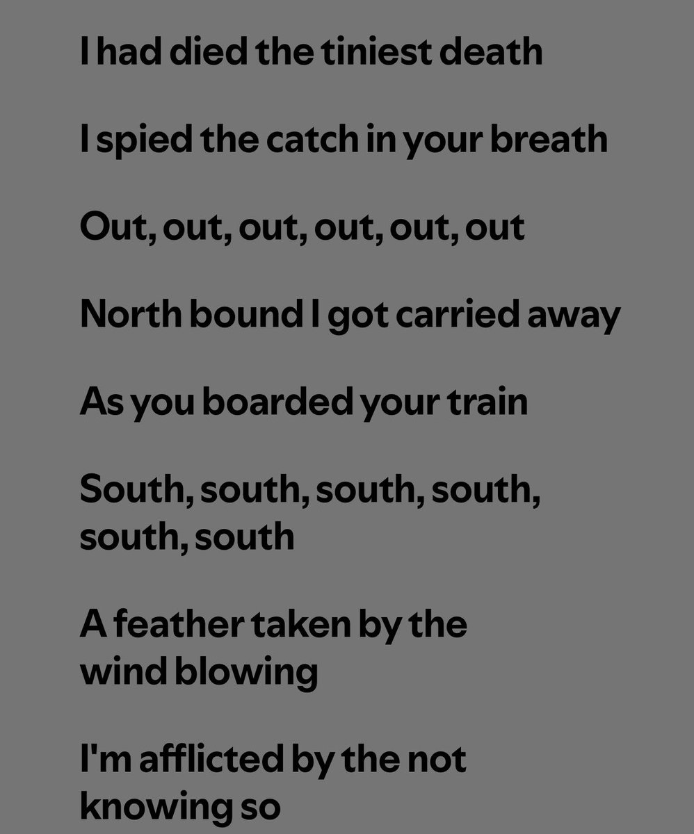 nowhernobdy's tweet photo. oh my god it just clocked to me that she’s saying he left after they hooked up,
“tiniest death” and “catch in your breath” then after that he boarded his train south. im sick https://t.co/RHpT3jXo2o
