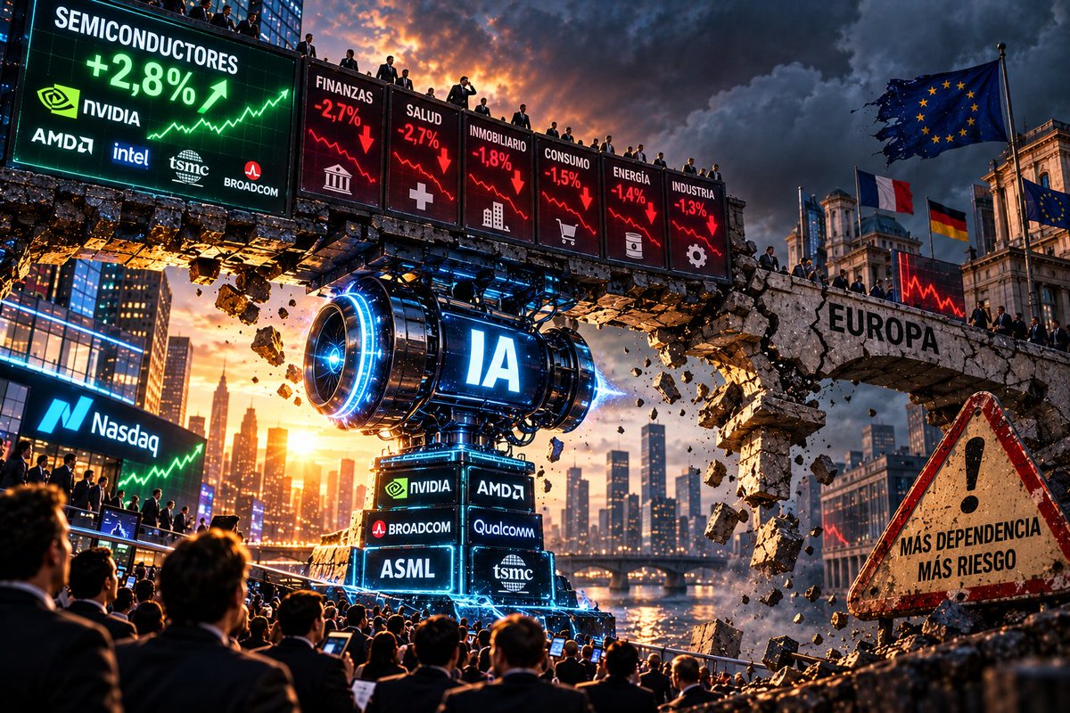 WStreet_Insider's tweet photo. Los semiconductores subieron un 2,8% en una semana en la que casi todo lo demás cayó. 

La IA sostiene el mercado mientras la política erosiona Europa. 

Cuanto más depende la bolsa de un solo motor, más peligrosa se vuelve cualquier avería. 

#IA #Mercados https://t.co/UtwebAeaDv