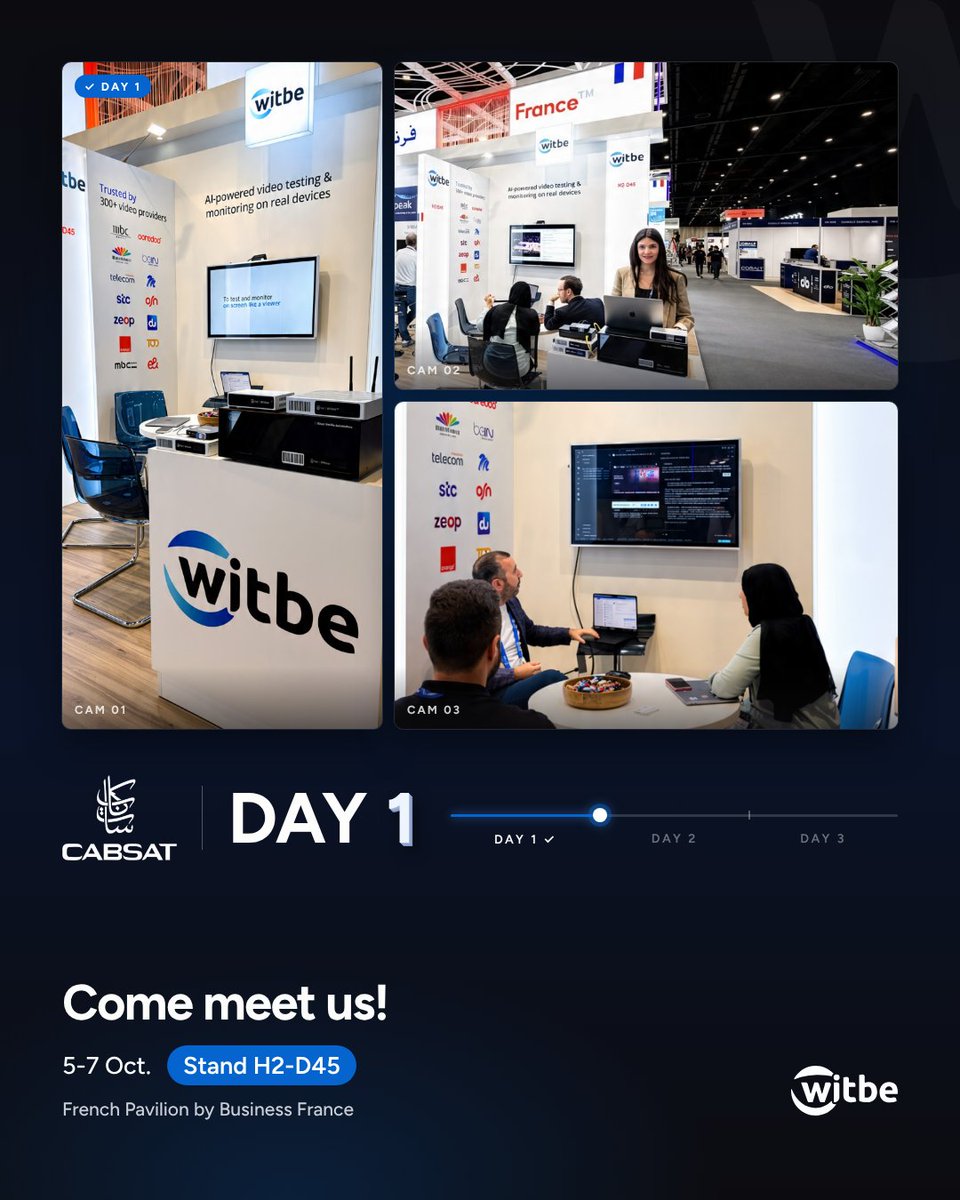 witbe's tweet photo. Day one at CABSAT: thank you! 🙌  

AI interprets, deterministic logic validates, on real devices. 

Come see Agentic SDK, REC AI Assist, Smartgate AI and Witbe VLMs live. 

📍 H2-D45, France Pavilion. Two more days! 
#CABSAT2026 #VideoQA #Broadcast https://t.co/bFYo2yOm22