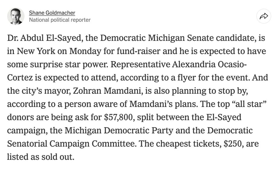 ShaneGoldmacher's tweet photo. NEW: Both @ZohranKMamdani and @AOC expected to attend an @AbdulElSayed fund-raiser in New York City on Monday.

https://t.co/P6FyonUorQ https://t.co/lwjvRZK4Ux