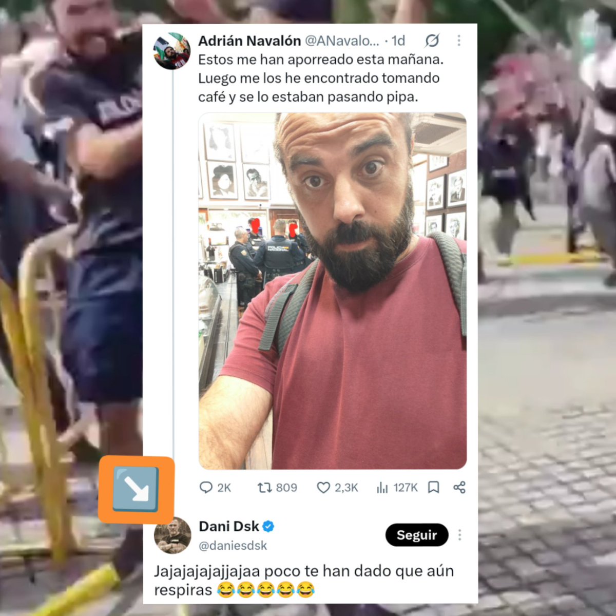 ANavalonOsa's tweet photo. Dani Desokupa opina que la Policía Nacional me pegó poco el sábado en València porque aún respiro. Estaría mejor muerto, entiendo... https://t.co/i5B355aSAC