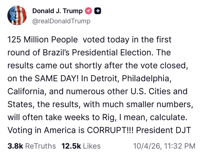 acnewsitics's tweet photo. Hey MAGA, the reason Brazil counts votes so fast is because they use electronic voting machines nationwide. You know, the machines you’ve spent years telling everyone not to trust. https://t.co/QDlV0E7p0T