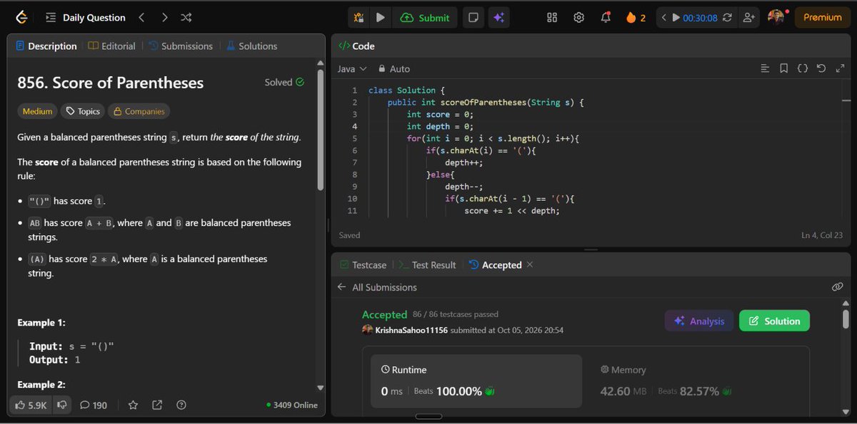 Krishna11156's tweet photo. Today's DSA Insight
Nested structures get easier when you track the depth instead of the details
856, Score of Parentheses
#LeetCode #DSA #Java #Programming https://t.co/qaL6yZH9mG