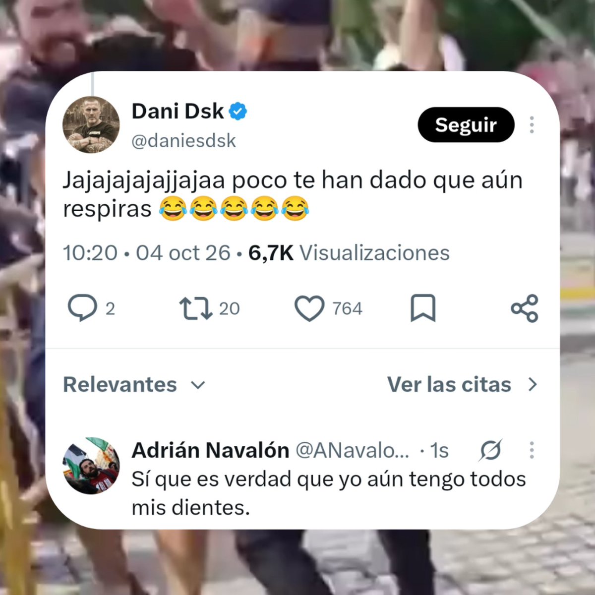 ANavalonOsa's tweet photo. Dani Desokupa opina que la Policía Nacional me pegó poco el sábado en València porque aún respiro. Estaría mejor muerto, entiendo... https://t.co/i5B355aSAC