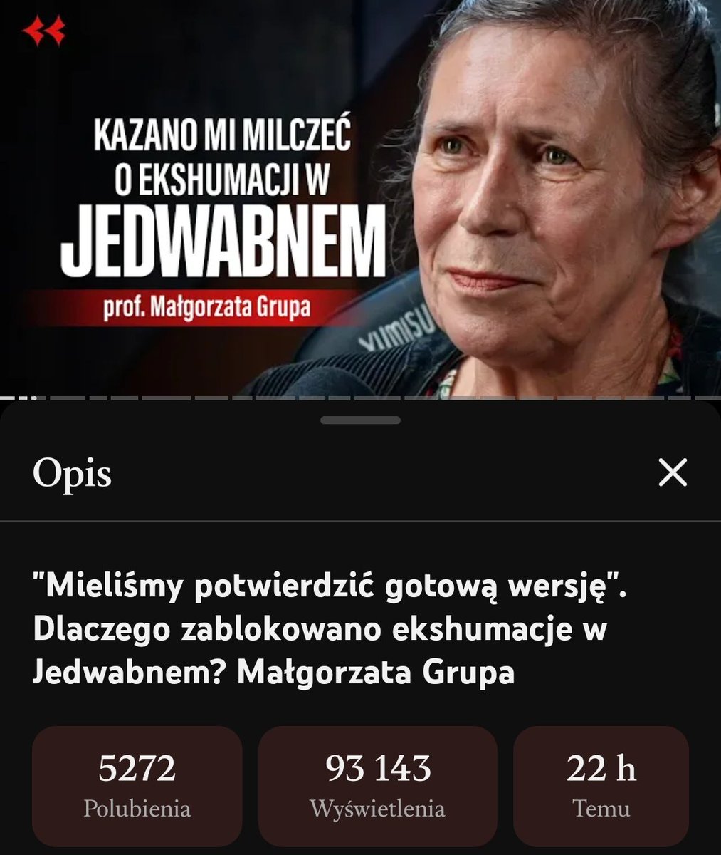 josearcadio88's tweet photo. I jak tu nie węszyć spisku rzymiańskiego...

Na kanale Majchera pojawił się wczoraj nowy materiał, a gościem była prof. Małgorzata Grupa, która brała udział w ekshumacjach w Jedwabnem, oraz na Ukrainie.

Co ciekawe minęło 24h i materiał nie wykręcił nawet 100k odsłon. 

Ciekawe dlaczego!? 

Nie wiem, choć się domyślam.