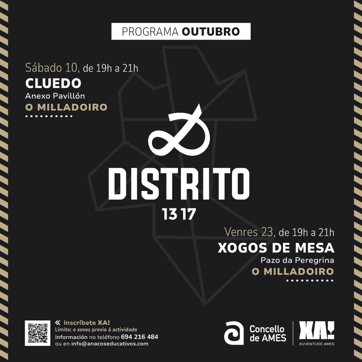 concellodeames's tweet photo. Distrito 13 17 abre a programación de outubro cun Cluedo en vivo, no que as participantes terán que descubrir un misterio agochado no Milladoiro🔍🔦
Para máis ℹ️ no 📧info@anacoseducativos.com ou no 694 216 484 🔗 https://t.co/hGNMJVPIWP
#Distrito1317 #Xuventude #ConcelloDeAmes https://t.co/s74md1Xa9m