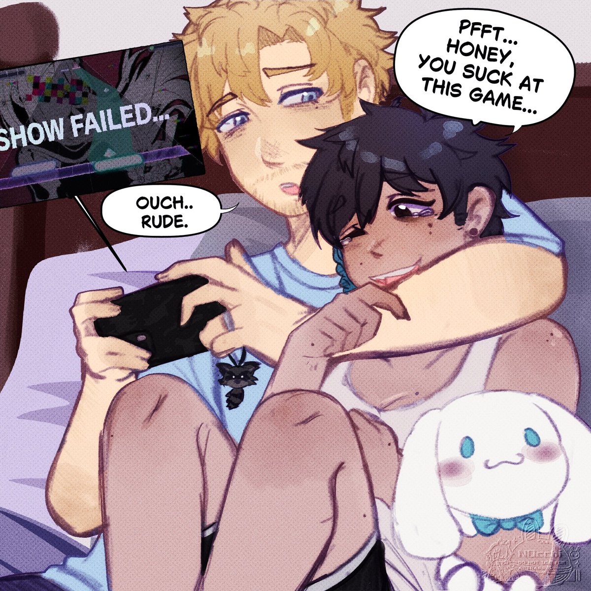 ActuallyN3mu's tweet photo. Yumetober Day 5  :  Gaming 🎮

Grace was interested in the rhythm game that David used to talk about, so he decided to give it a try  

“Want to try another song?” David says with a slightly teasing smile

#elisyumetober2026 #Artspace 🦊🦝 https://t.co/urIDD6FYvO