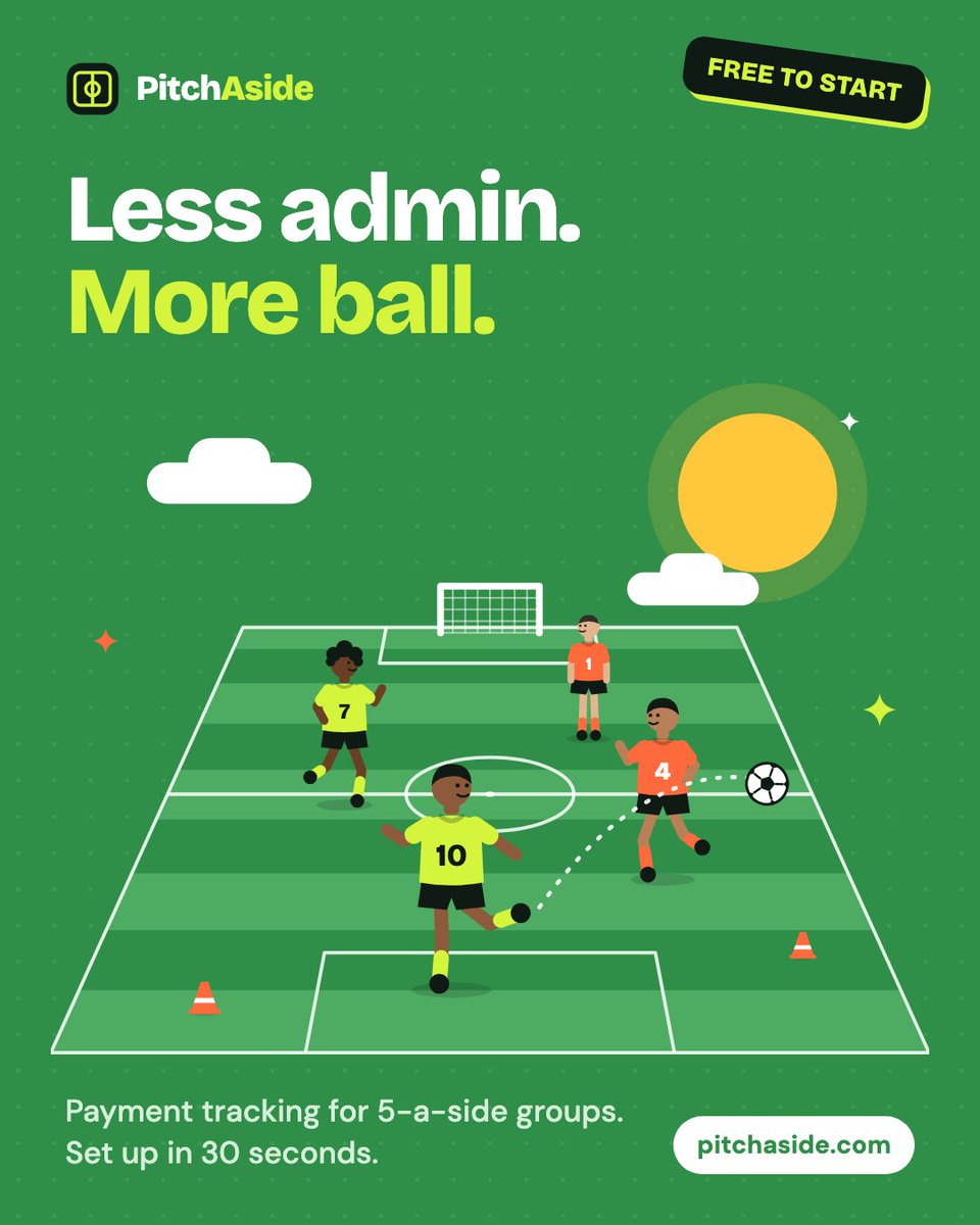 PitchAside's tweet photo. Less admin. More ball. ⚽

You became the organiser because you love the game, not spreadsheets.

PitchAside keeps track of who's paid, who's playing and what's still owed.

Check it out 👉: https://t.co/iSKHNXo6QM https://t.co/F5bsB1sQFd