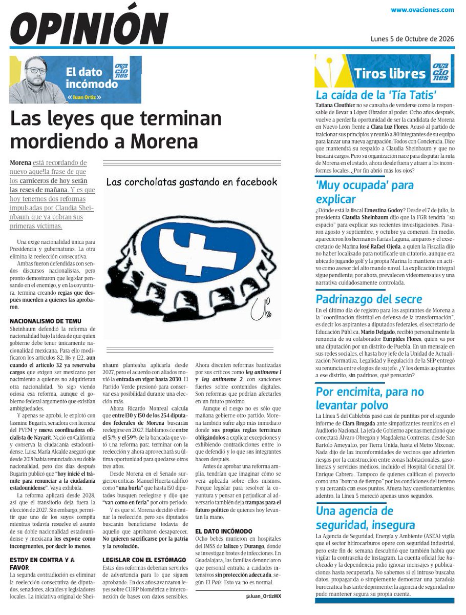 Juan_OrtizMX's tweet photo. 🗳️📌 LAS LEYES QUE TERMINAN MORDIENDO A MORENA

Hay dos reformas impulsadas por Claudia Sheinbaum que ya le pegaron a integrantes del oficialismo.

📍 Nacionalidad única. Morena aprobó que quien aspire a la Presidencia o una gubernatura tenga únicamente nacionalidad mexicana.

Pero después designó en Nayarit a Jazmín Bugarín, quien nació en California y todavía conserva la ciudadanía estadounidense.

Luisa María Alcalde aseguró que había renunciado desde 2018.

Dos días después, Bugarín publicó que apenas iniciaba el trámite. Vaya exhibida.

📍 Reelección. Morena aprobó eliminarla a partir de 2030.

Ahora Ricardo Monreal calcula que entre 130 y 150 de sus 254 diputados buscarán quedarse otros tres años en 2027.

Entre 51% y 59% de la bancada que votó para desaparecer la reelección aprovecharía su última oportunidad para reelegirse.

Que incongruencia.

Los carniceros de hoy pueden terminar siendo las reses de mañana.

Conviene pensar cómo funcionará una ley el día que también se aplique sobre quienes hoy la aprueban.

▶️ @ovaciones