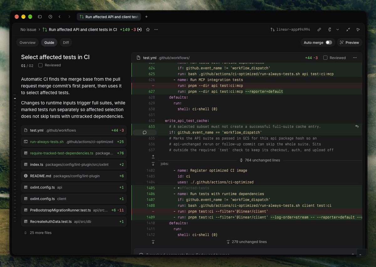 artman's tweet photo. Many of you haven't tried out Linear reviews yet.

You should!

We're making improvements every day, but it already is the best code review tool in existence. You'll find it in your sidebar. https://t.co/ipQ6LAr1iT