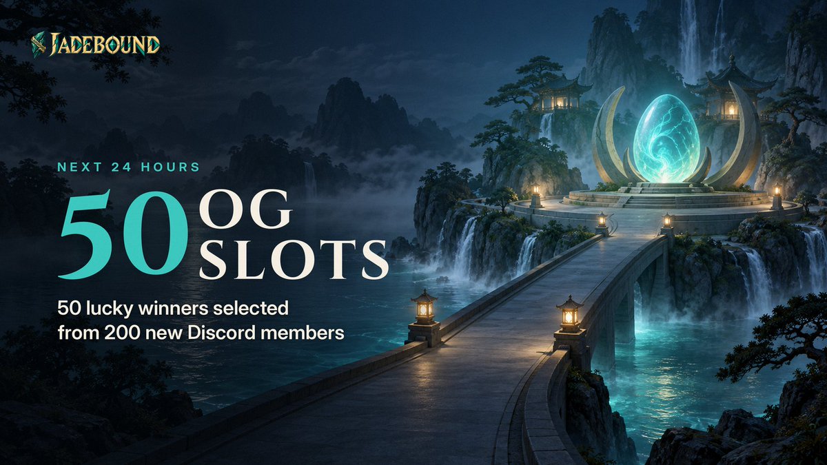PlayJadebound's tweet photo. Giving away 50 OG Slots to 50 lucky members selected from 200 people who join our Discord within the next 24 hours.

Join: https://t.co/BEJd0tbAXU https://t.co/6HRICGCyKU