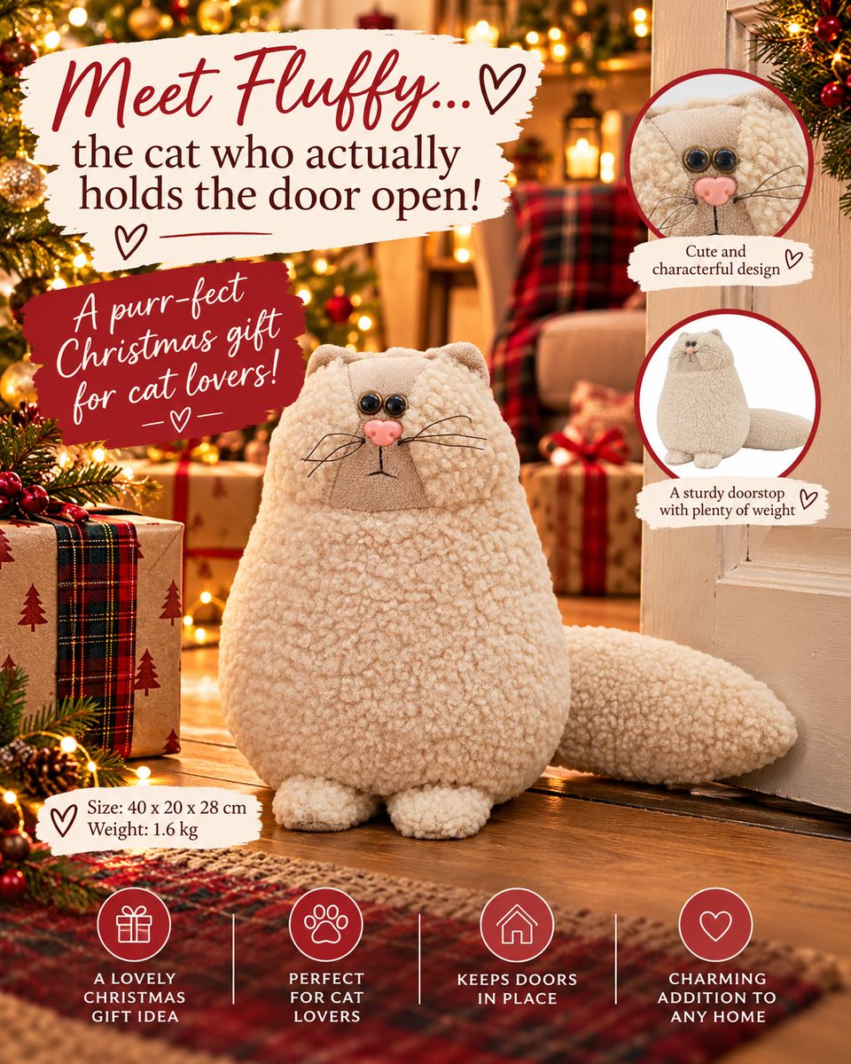 In4aDig's tweet photo. 🐱🎄 Meet Fluffy — the cat who actually holds the door open!
Our wonderfully fluffy Cat Doorstop weighs 1.6kg and makes a fun Christmas gift for any cat lover. 🎁
No feeding. No litter tray. No 5am wake-up calls. 😂
🛍️ Available from In4aDig
#CatLovers #ChristmasGifts #In4aDig https://t.co/IvtnuKz7lc