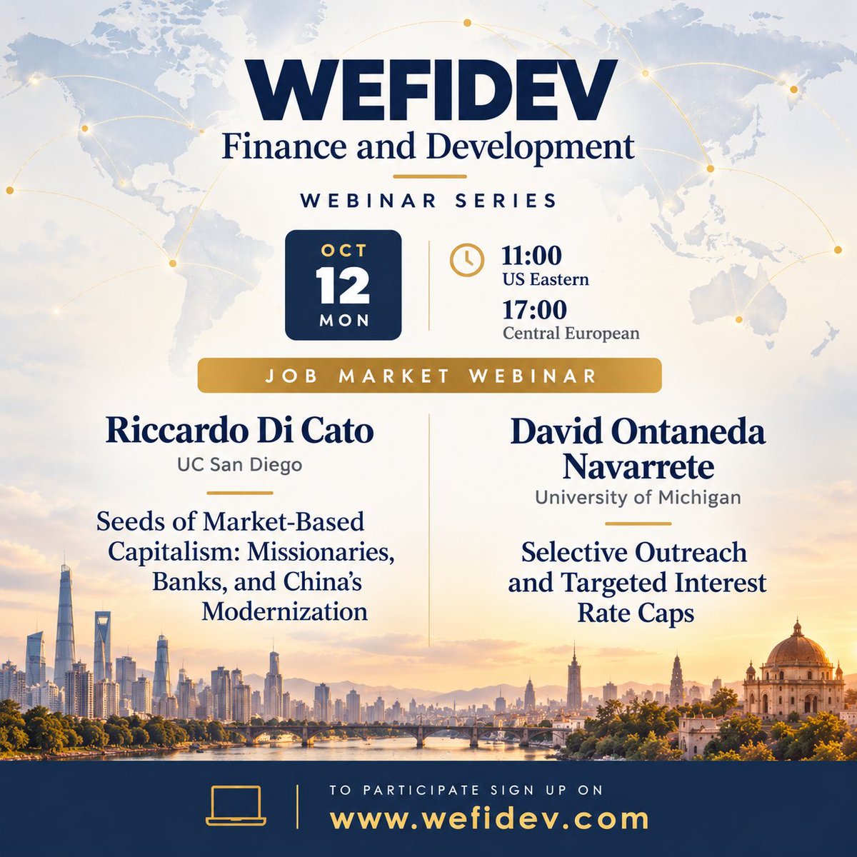 NicolaLimodio's tweet photo. Looking forward to chairing next week’s #WEFIDEV webinar with two job market candidates working on exciting questions in #Finance and #Development.

On Monday, 12 October, we will hear from @CatoRiccardo, UC San Diego, presenting “Seeds of Market-Based Capitalism: Missionaries, Banks, and China’s Modernization”, and #DavidOntanedaNavarrete, University of Michigan, presenting “Selective Outreach and Targeted Interest Rate Caps”.

It is especially encouraging to see so many strong job market papers emerging in this area. #Finance and #Development is gradually becoming a deeper and more connected literature, with young scholars bringing new data, new settings and new questions into the conversation. One of the most rewarding parts of #WEFIDEV is being able to give these researchers a platform, help them receive useful feedback, and contribute in a small way to nurturing the next generation of scholars in the field together with #SeanHiggins, @GiorgiaBarboni, #KimFeCramer and @nish_vats.

Very much looking forward to the discussion, and to seeing many of you online next week. 

Full details and registration: https://t.co/G4xLtlxkbp or just DM in case of questions.

#Finance #Development #JobMarket #FinanceAndDevelopment