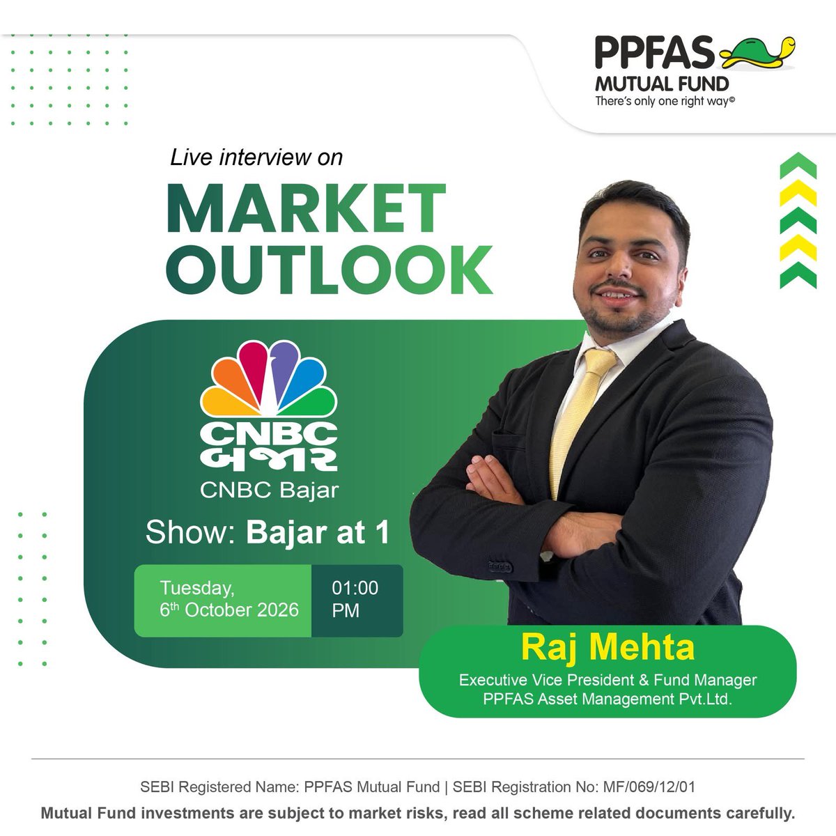 ppfasmf's tweet photo. Watch Fund Manager Raj Mehta live on CNBC Bajar on Tuesday (06/10/2026) at 01:00 pm IST.

 #PPFASMutualFund #CNBC https://t.co/ldKM9vAe3E