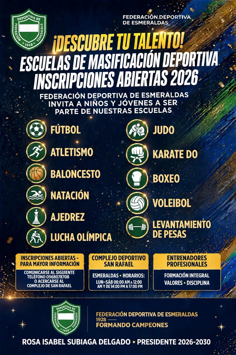 fedesme_2026's tweet photo. Invitamos a niños y jóvenes a inscribirse en nuestras escuelas de masificación deportiva, en horarios matutinos y vespertinos en el complejo San Rafael, estadio Folke Anderson, Piscina de Federación o Casa del Ajedrez, toda información oficial en el contacto 0968078708. https://t.co/76aWpAmOYo