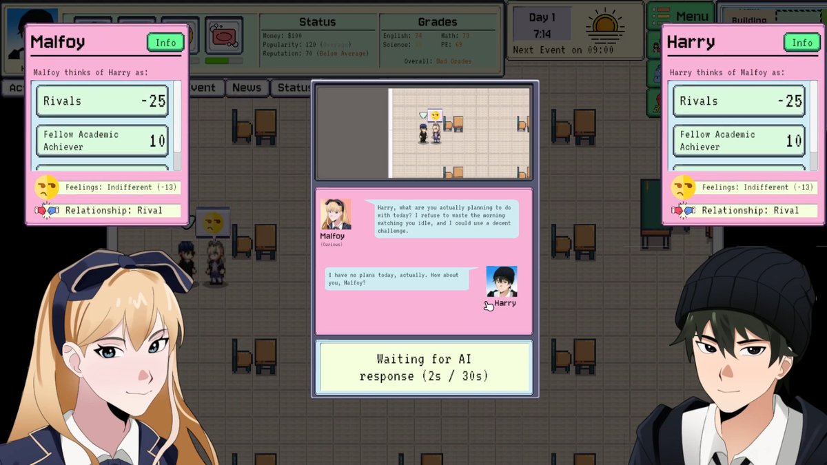 starforgesoft's tweet photo. Playing as Harry and attending school with Malfoy. This is what AI School Sim is made for lmao.

#AISchoolSim #Malfoid #Malfoy #HarryPotter #IndieGame #AI #AIGame #SimulationGame #LifeSim #Steam #WishlistOnSteam #Unity #IndieDev #AISchoolSimulator #JRPG #VisualNovel https://t.co/elUvmypYpZ
