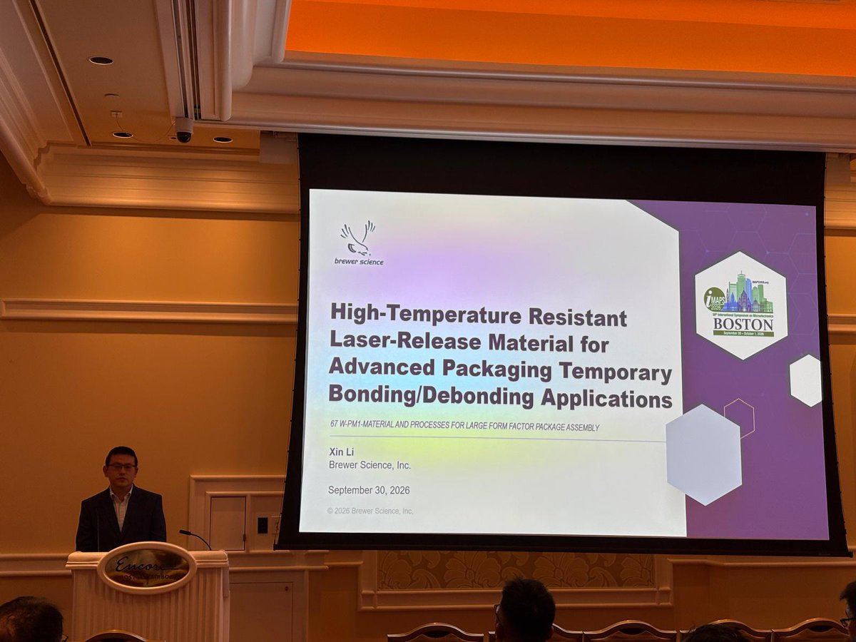 brewerscience's tweet photo. Last week, Brewer Science joined industry leaders at IMAPS 2026 in Boston. Our team presented new research on high-temperature-stable laser-release materials for advanced packaging and took part in a panel discussion on supply chain resilience amid AI-driven semiconductor growth. https://t.co/qIBgyae9tv