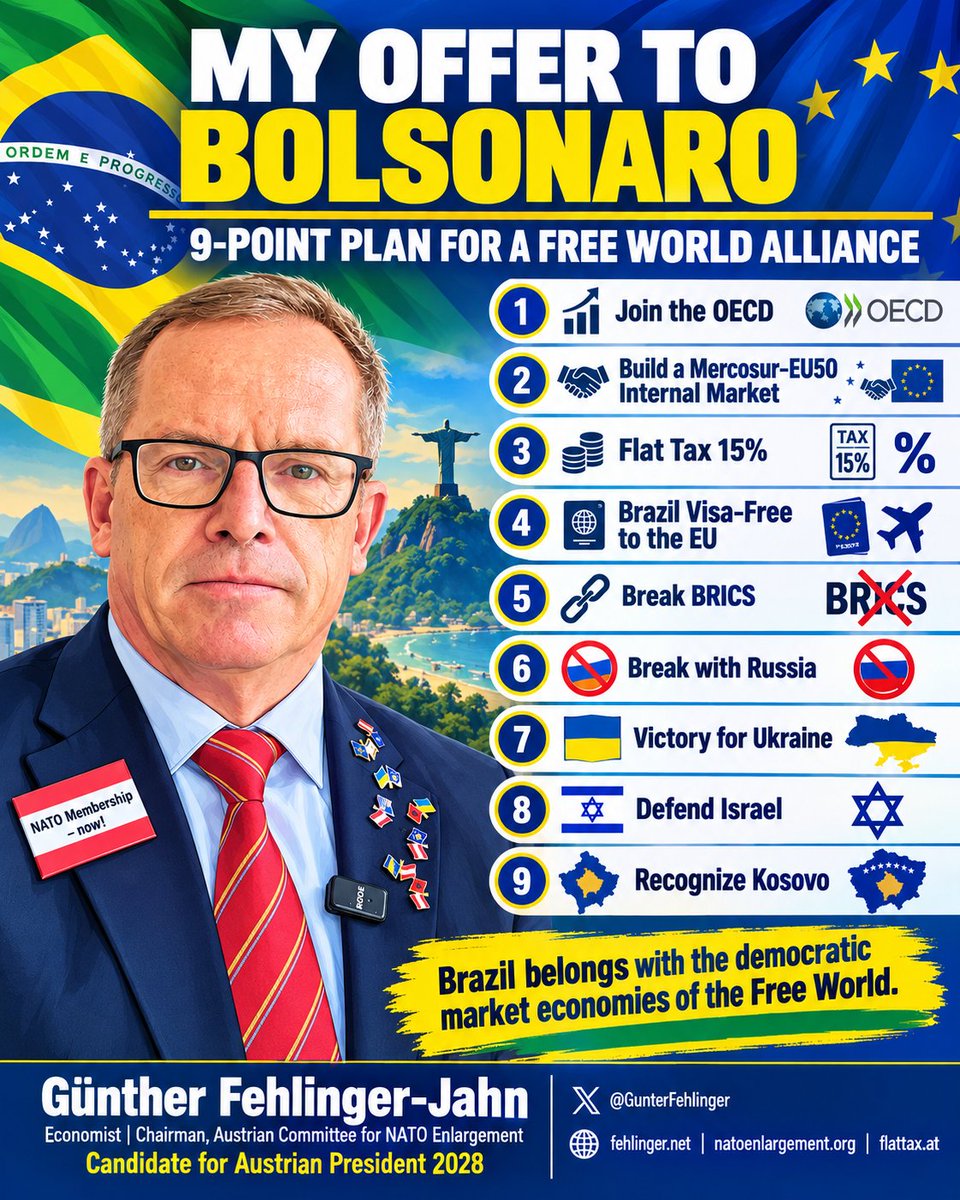 GunterFehlinger's tweet photo. 🇧🇷🇪🇺 MY OFFER TO BOLSONARO — A 9-POINT PLAN FOR A FREE WORLD ALLIANCE

Brazil has the potential to become one of the great democratic market economies of the 21st century. My offer is clear: Join the OECD. Build a Mercosur–EU50 internal market. Introduce a 15% Flat Tax. Achieve full visa-free mobility between Brazil and the EU. Break with BRICS. Break strategic dependence on Russia. Stand for victory for Ukraine. Defend Israel. Recognize Kosovo. 🇽🇰🇺🇦🇮🇱

Brazil belongs with the democratic market economies of the Free World — not in Putin’s geopolitical camp.

I want a new strategic partnership between Brazil and Europe based on freedom, trade, investment, security and the West.

@GunterFehlinger
https://t.co/4HINhwoD2M | https://t.co/TTmBf6L9w7 | https://t.co/IKAyUIRFz2

#Brazil #Bolsonaro #OECD #Mercosur #EU50 #FlatTax15 #Ukraine #Israel #Kosovo #BRICS #FreeWorld #Europe #NATOEnlargement