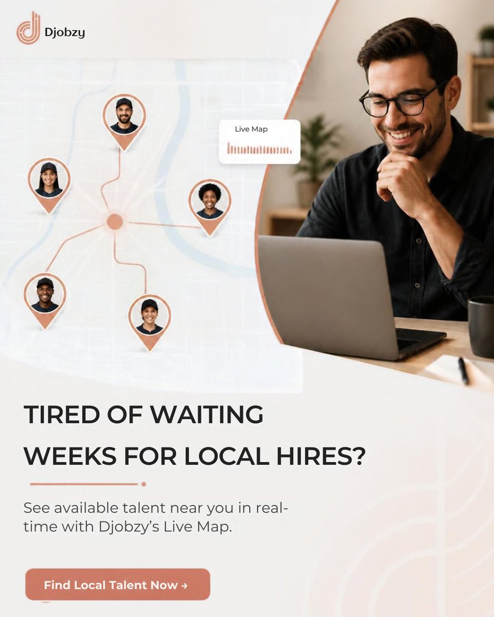 Djobzycom's tweet photo. Tired of waiting weeks just to get a single local hire?
With Djobzy’s Live Map, you can see qualified talent near you in real-time and hire in minutes, not weeks.
Skip the back-and-forth delay—find local pros today! 👇
#Hiring #LocalTalent #Recruitment #SmallBusiness #HRTech #JobMarket #djobzy