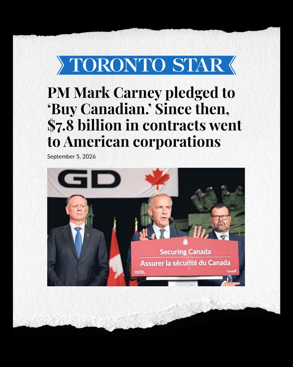 DanMazierMP's tweet photo. BREAKING NEWS

Mark Carney's "Buy Canadian" promise is a sham.

In just 16 months, his Liberal government handed $7.8 BILLION in federal contracts to American-controlled companies.

While Canadian businesses are getting hammered by U.S. tariffs, Mark Carney is shipping billions of Canadian tax dollars south of the border.