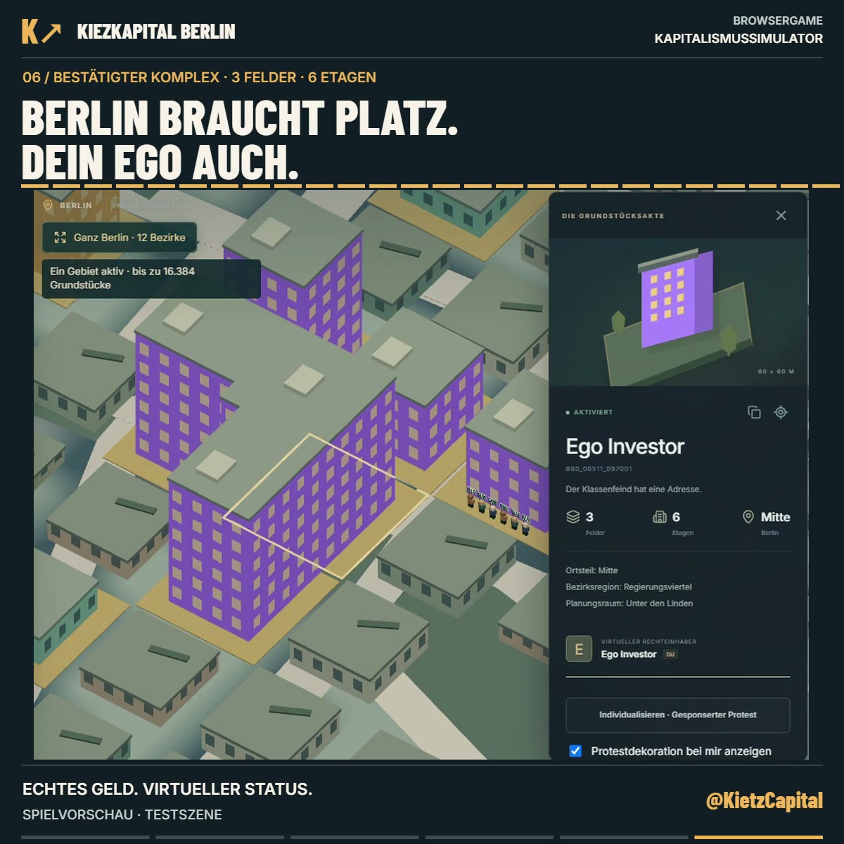 KietzCapital's tweet photo. Ein Haus war deinem Ego zu wenig. Lege eigene Nachbargrundstücke zusammen und mach deinen größeren Komplex sichtbar. Berlin braucht Platz. Dein Ego auch. Kiezkapital Berlin 
#Kapitalismussimulator
 Spielvorschau / Testszene @kietzcapital 
Folge uns für mehr https://t.co/zZFLsEA8zs
