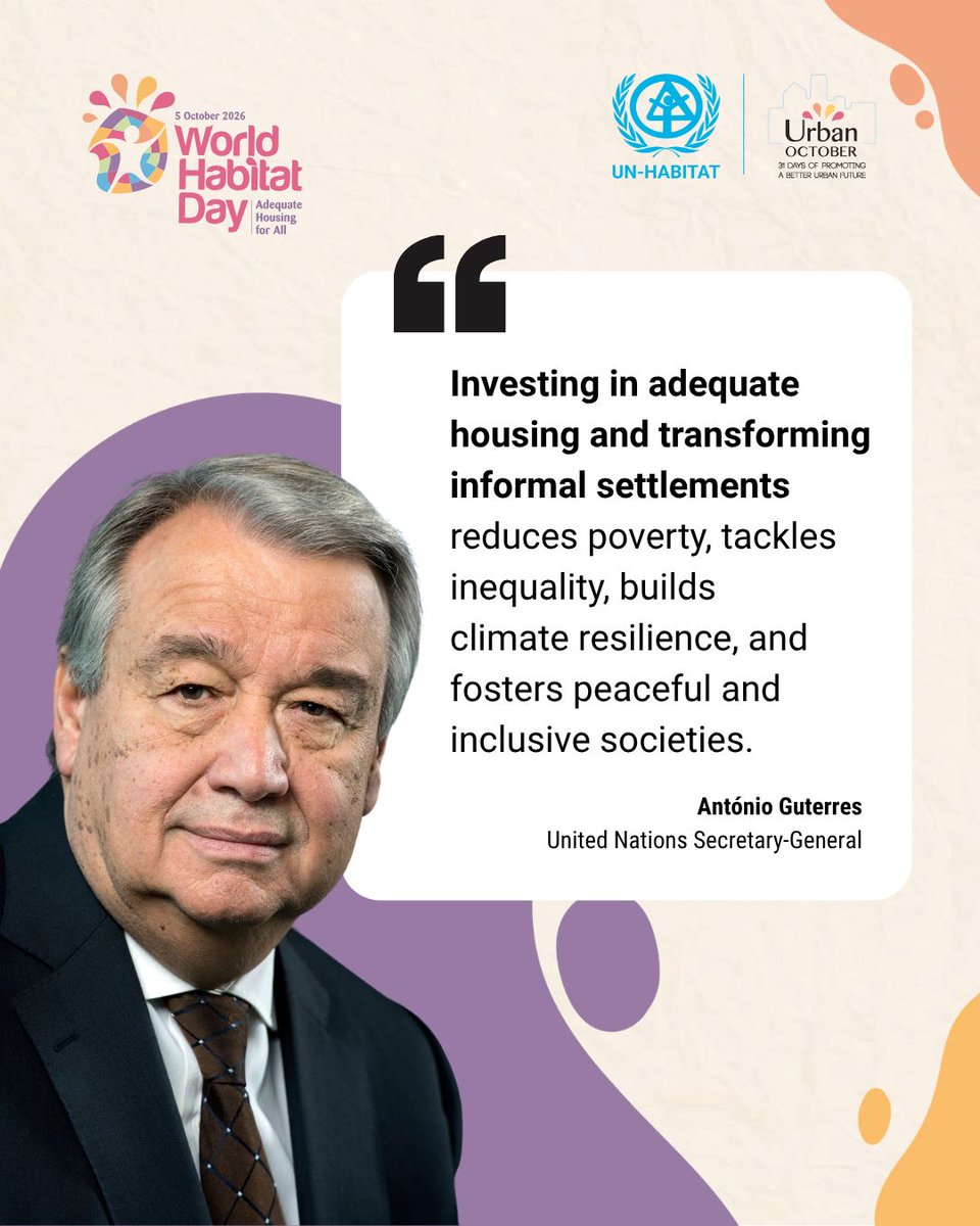 UNGeneva's tweet photo. "Adequate housing is the foundation of dignity, security, and opportunity.  

On this #WorldHabitatDay, let us treat housing as a public good and build a world where everyone has a place to call home." - @‌antonioguterres.

https://t.co/En8anOzPsv 
 #UrbanOctober #AdequateHousing https://t.co/BjRPatmKQ3