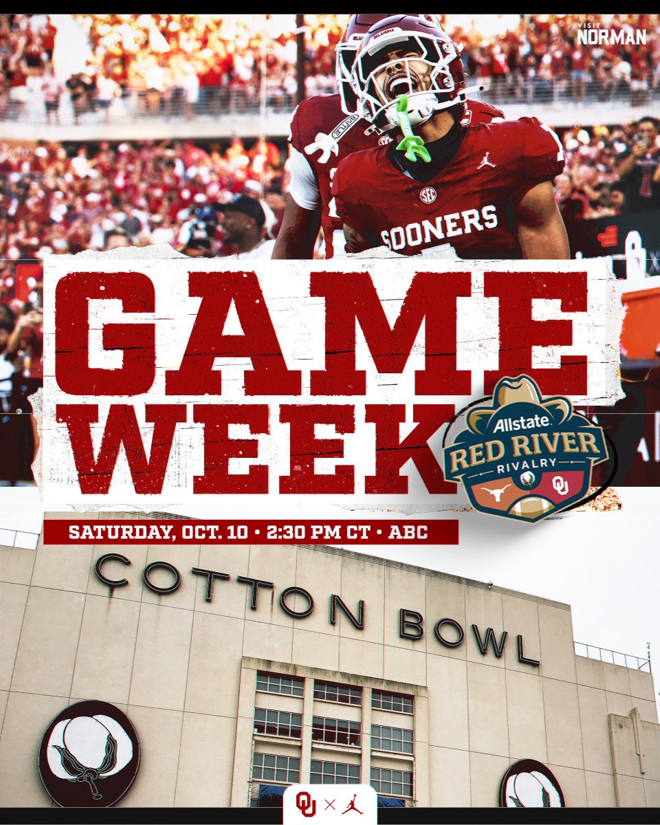 OU_Football's tweet photo. Week 06 vs. Texas

📍 Dallas
🕝 2:30 PM CT
📺 ABC https://t.co/egi1LqDuiT