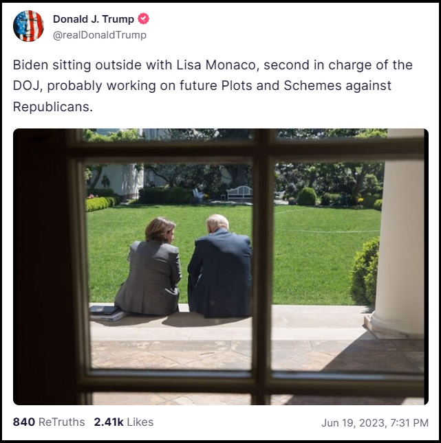 TheLastRefuge2's tweet photo. Check the date on this Trump message pictured below:.

..."In March 2022, Wray sent a memo to Garland and Monaco, seeking the attorney general’s approval to open a “Sensitive Investigative Matter” that would become Plasmic Echo.

“I recommend you approve,” Lisa Monaco wrote at the end of the memo, leaving her initials “LM.” Days later, Garland signed the memo with his initials, giving his approval.".....