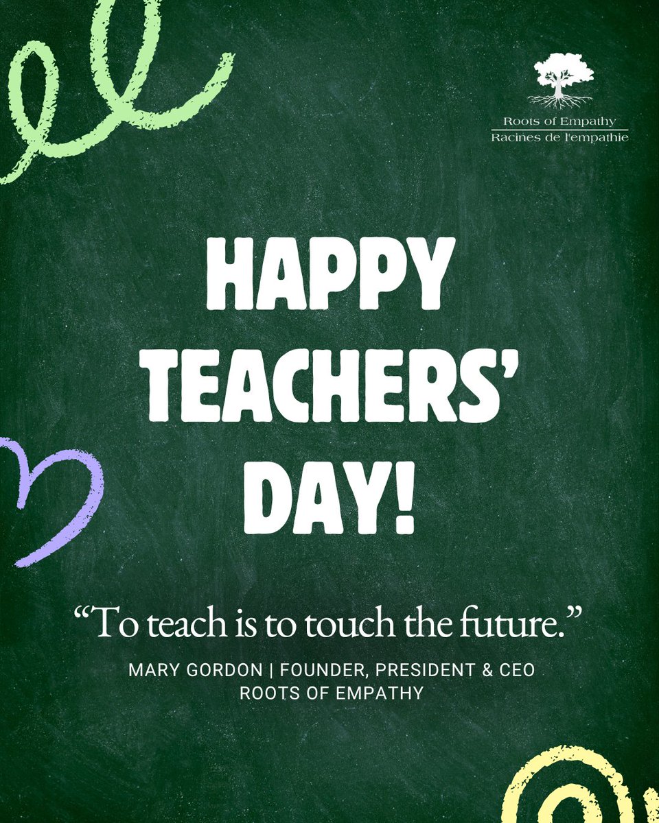 RootsofEmpathy's tweet photo. Happy World Teachers' Day! Today we honour educators everywhere and the difference they make in children's lives each day.

A special thank you to our Roots of Empathy host teachers. We’re grateful to work alongside you in nurturing children’s mental health, emotional literacy, and wellbeing.