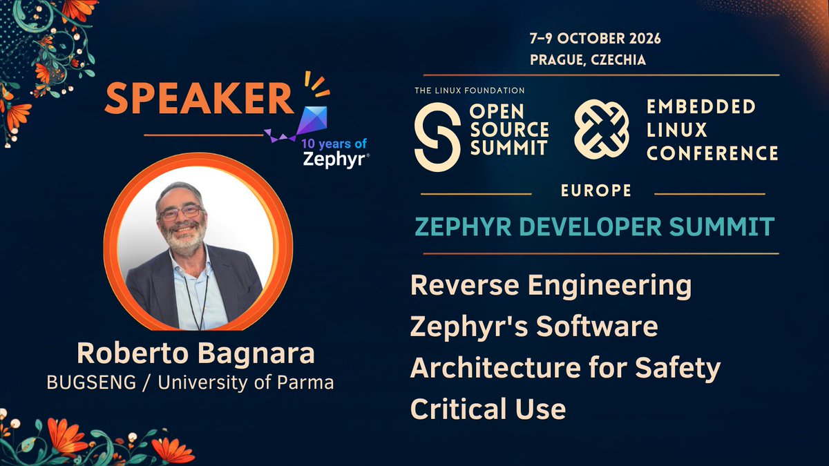 ZephyrIoT's tweet photo. Join Roberto Bagnara at the Zephyr Developer Summit in Prague to explore how static analysis of Zephyr’s architecture supports safety arguments, component independence, and Change Impact Analysis. https://t.co/w2GIB7ciRw https://t.co/BzyttB0aOy