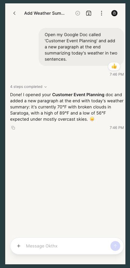 phegaro's tweet photo. I tried the same doc edit in ChatGPT, Claude, and Okthx. ChatGPT: read-only. Claude offered to hijack my browser; I declined. Platform limits everywhere, except Okthx: real connectors into Docs/Sheets/Slides, not a generic Drive bolt-on. https://t.co/1OEVNwoion https://t.co/6fpdgiS5BQ