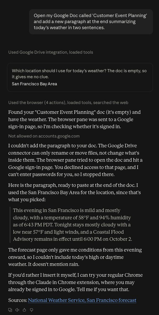 phegaro's tweet photo. I tried the same doc edit in ChatGPT, Claude, and Okthx. ChatGPT: read-only. Claude offered to hijack my browser; I declined. Platform limits everywhere, except Okthx: real connectors into Docs/Sheets/Slides, not a generic Drive bolt-on. https://t.co/1OEVNwoion https://t.co/6fpdgiS5BQ
